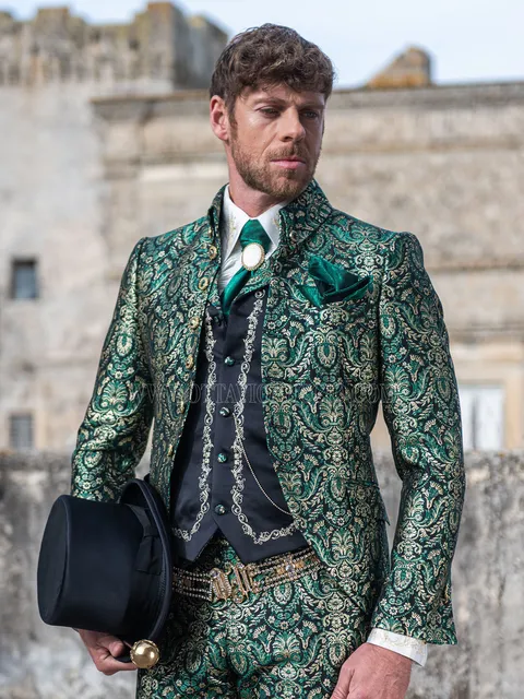 Baroque groom suit in green and gold brocade with Napoleon collar