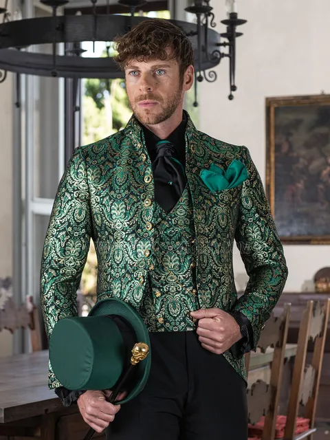 Gothic groom suit in green and gold brocade with Napoleon collar