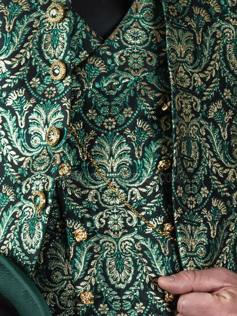Green Gold brocade double-breasted waistcoat with shawl collar