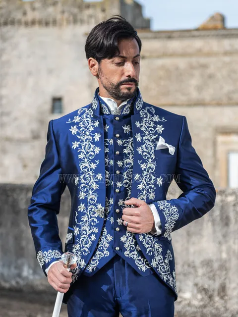 Eccentric baroque style groom suit in blue with silver embroidery