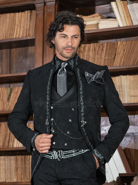 Gothic mandarin collar suit in black damask with silver embroidery