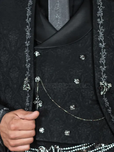 Double-breasted waistcoat in black floral jacquard fabric, with shawl lapel in satin-effect fabric