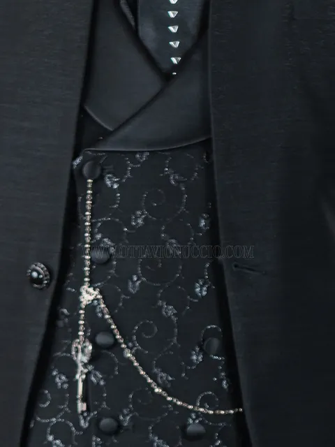 Double-breasted black shawl waistcoat with black lamé embroidery