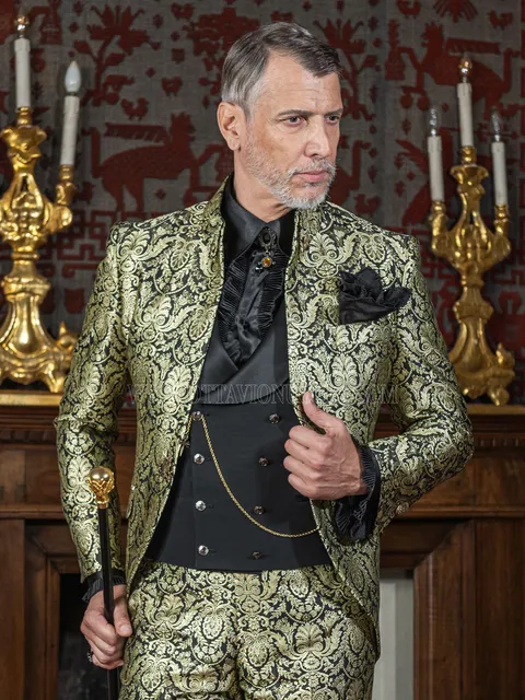 Gothic groom suit with Napoleon collar in gold brocade