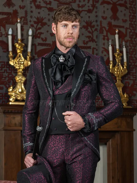 Gothic groom suit in plum damask with silver embroidery