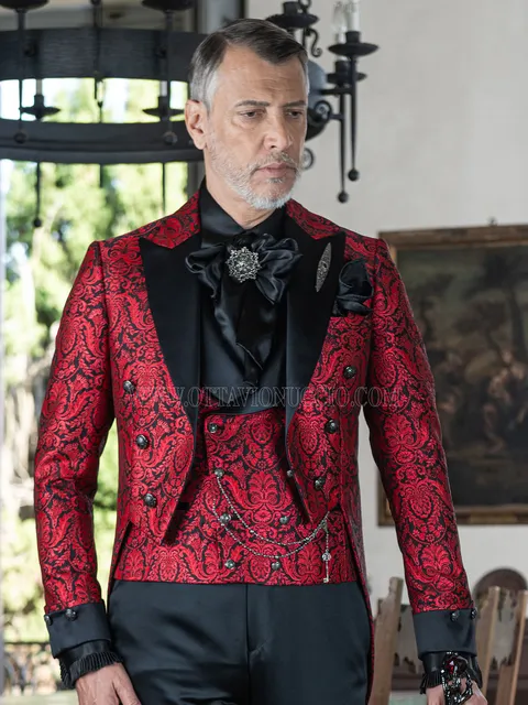 Men's gothic tailcoat in red floral brocade