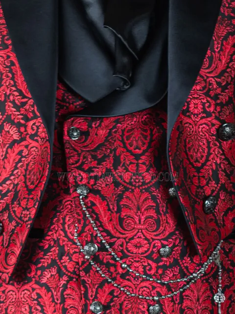 Red floral brocade double-breasted waistcoat, black satin shawl lapel