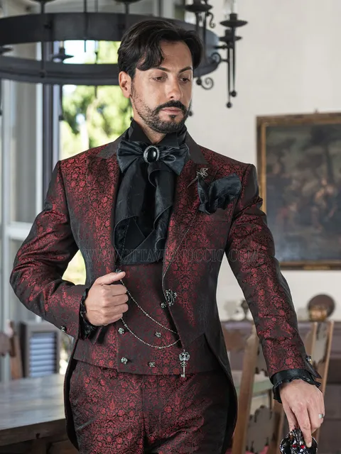 Men's gothic tailcoat in burgundy floral damask