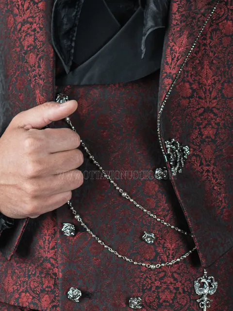 Double-breasted burgundy damask waistcoat, black satin shawl lapel