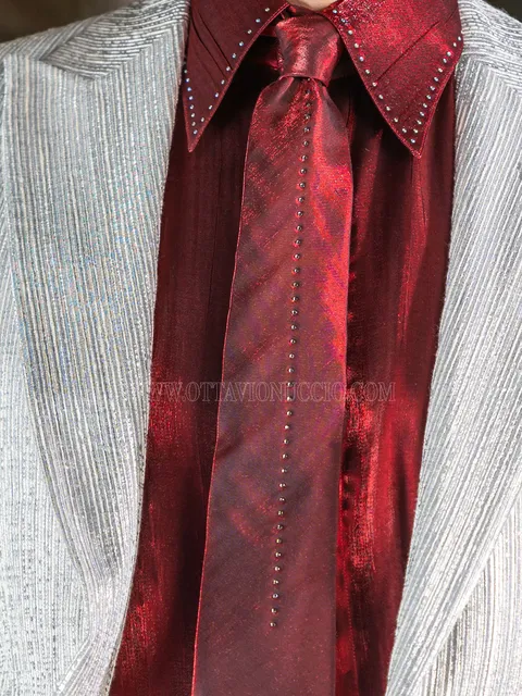 Tie and Handkerchief in red lurex with applied smoky rhinestones