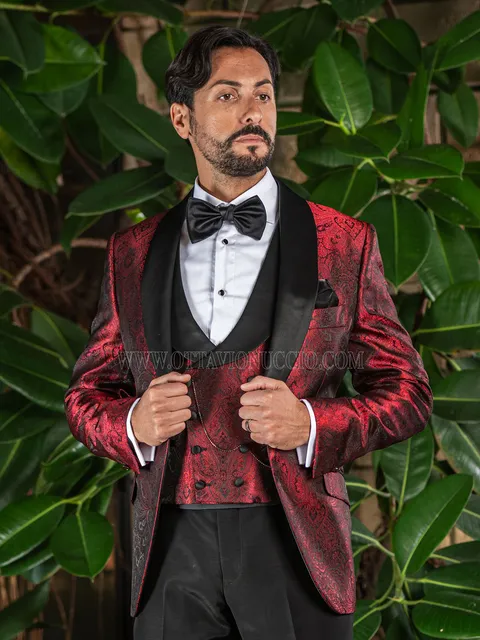 Luxury red damask party tuxedo with shawl collar