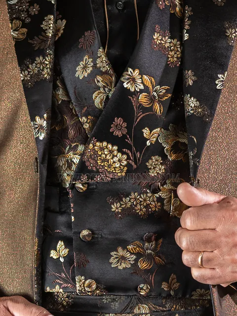 Double-breasted waistcoat with shawl lapel in black and gold damask