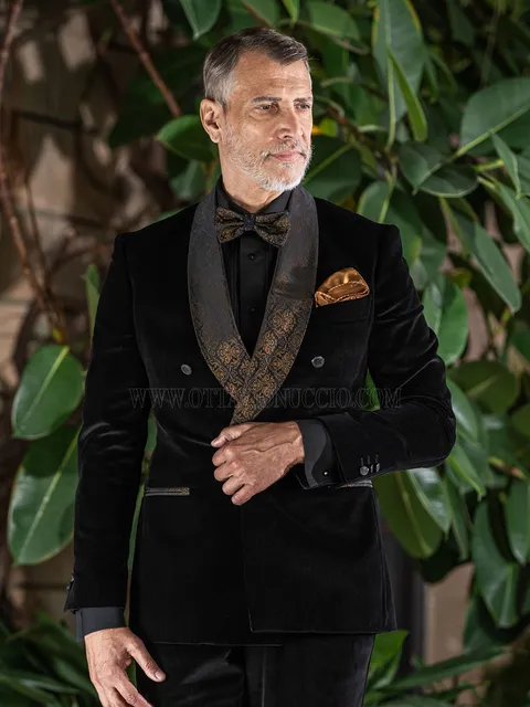 Double-breasted black velvet tuxedo with bronze damask shawl collar