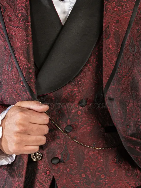 Waistcoat asymmetric double-breasted shawl lapel in burgundy damask fabric