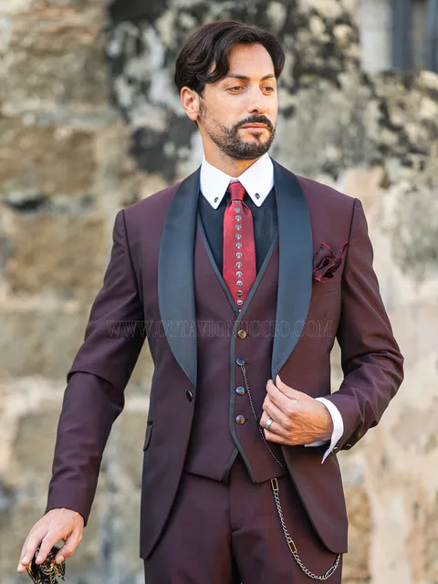 Men's burgundy tuxedo for a rock style wedding