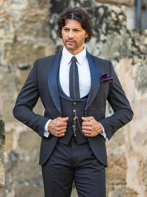 Black blue pinstripe men's tuxedo for vintage wedding