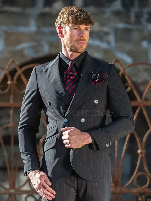 Men's black suit with red pinstripe for vintage weddings