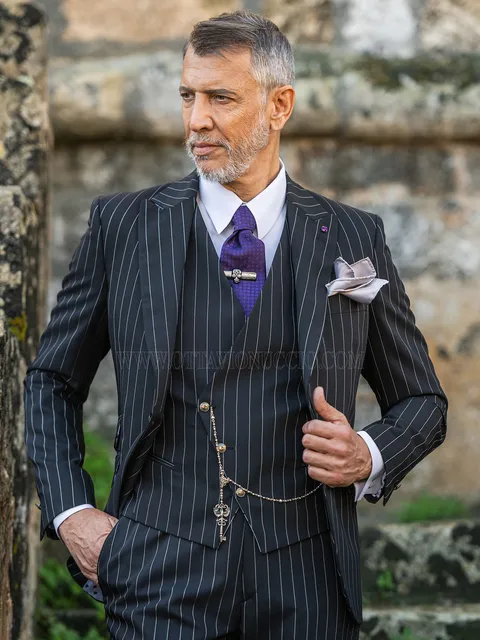 Rock style men's formal suit in black with white pinstripe