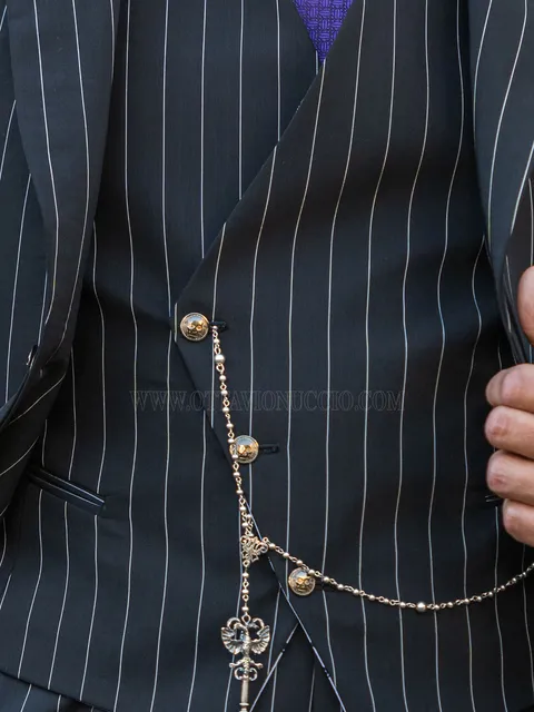 Asymmetric waistcoat in black with white pinstripe