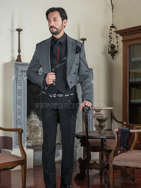 Men's goth steampunk pinstripe groom tailcoat