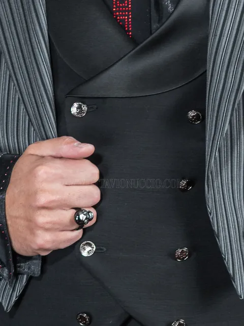 Double-breasted black waistcoat, with shawl lapel in black satin-effect fabric