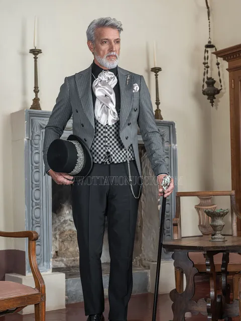Men's steampunk groom tailcoat in grey pinstripe with black trousers