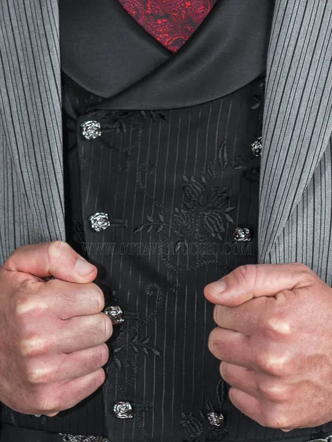 Black double-breasted waistcoat with black embroidery, black satin shawl lapel