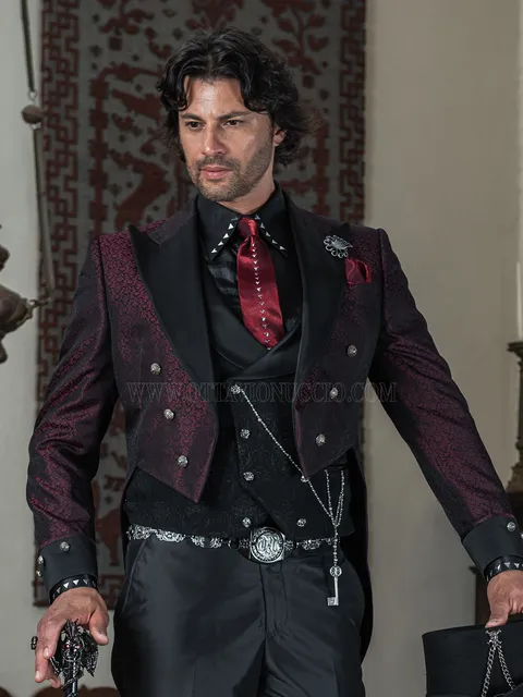 Steampunk groom tailcoat in burgundy damask