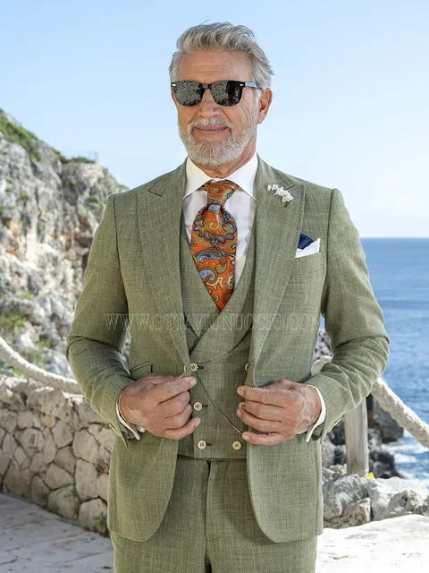Suit Men's Three-Piece Summer - Olive Green with Melange Texture