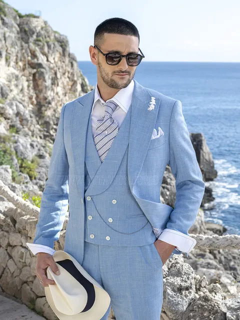 Groom suit summer three-piece in light blue linen blend