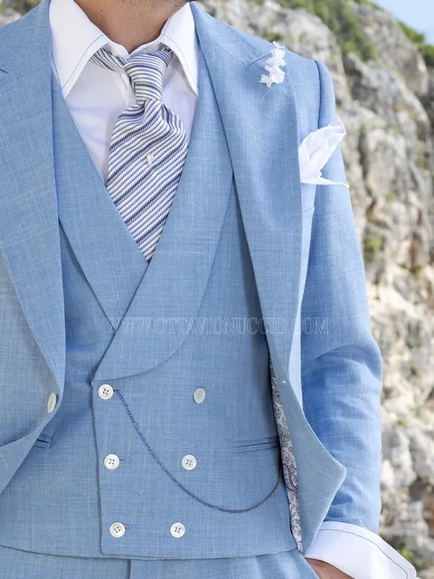 Double-breasted waistcoat in sky blue linen blend