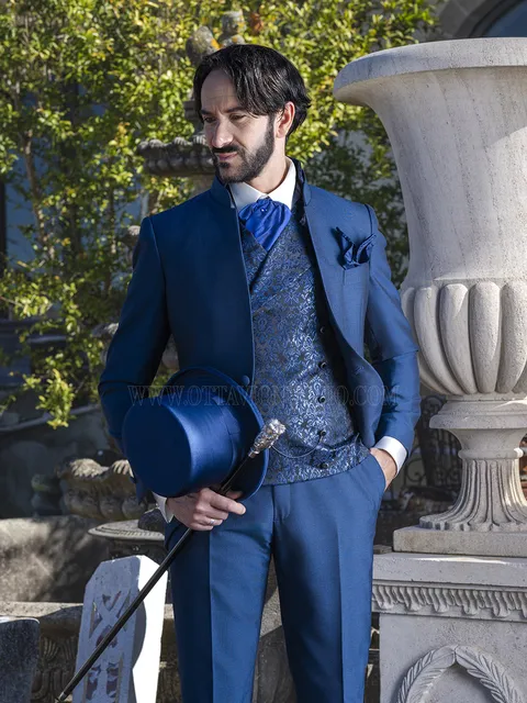Groom Suit Mandarin Collar Royal Blue with Damask Waistcoat