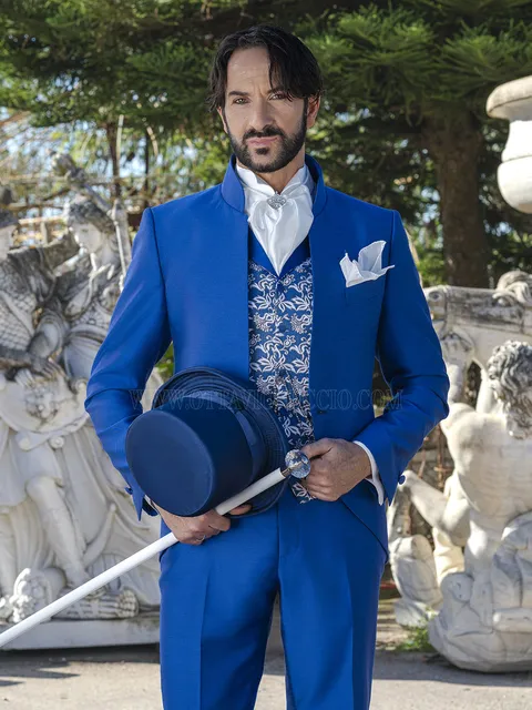 Groom Suit Mandarin Collar in Royal Blue Shantung