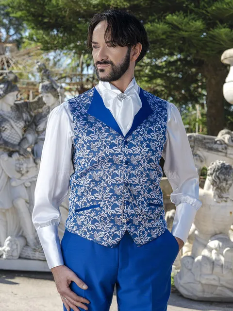 Royal blue brocade waistcoat with satin lapels