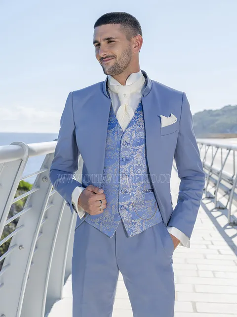 Groom Suit Luxury Light Blue in Cotton - Mandarin Collar Model