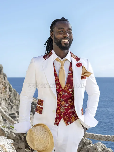 Formal Suit White in Cotton with Embroidered Silk Waistcoat