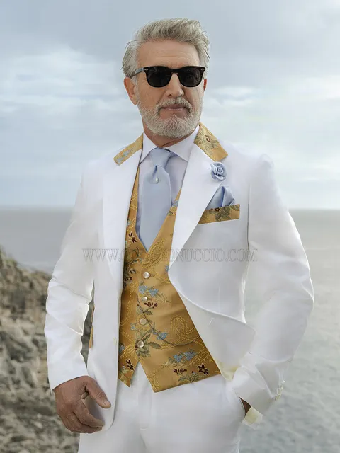 Formal Suit in White Cotton with Waistcoat and Gold Silk Details
