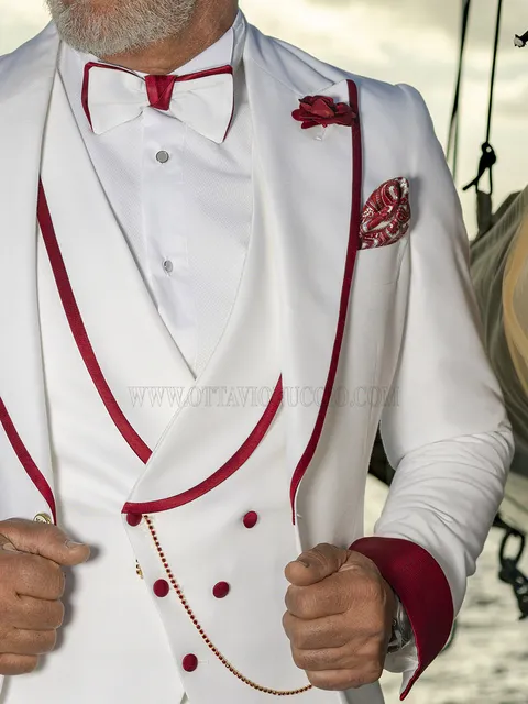 Waistcoat double-breasted shawl lapel white with red piping