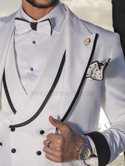 Double-breasted white waistcoat with black trim