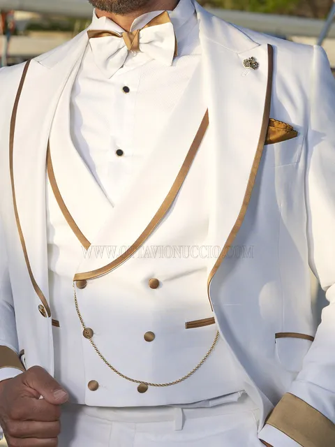 White double-breasted waistcoat with gold piping