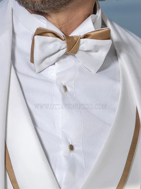 Two-tone white bow tie with gold knot