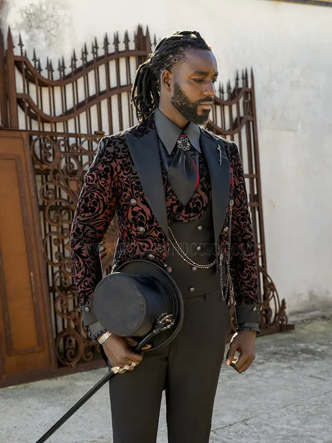 Tailcoat Steampunk in Brocade Velvet - Black and Burgundy - Limited Edition
