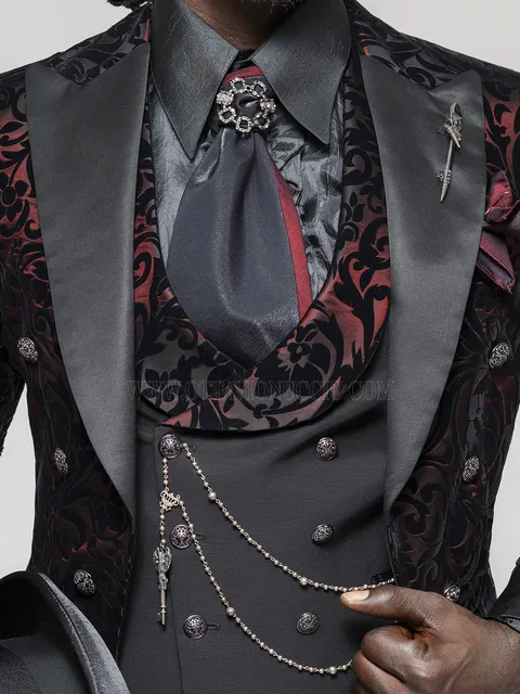Double-breasted black waistcoat, with shawl lapel in black flocked velvet fabric on red ground