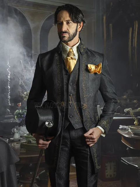 Aristocratic Black Jacquard Frock Coat with Antique Gold Embroidery