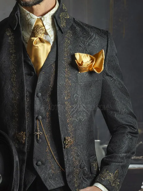Black damask jacquard fabric waistcoat with gold floral embroidery