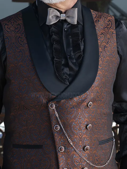 Double-breasted waistcoat in brown brocade fabric with medallion pattern, shawl lapel in black satin