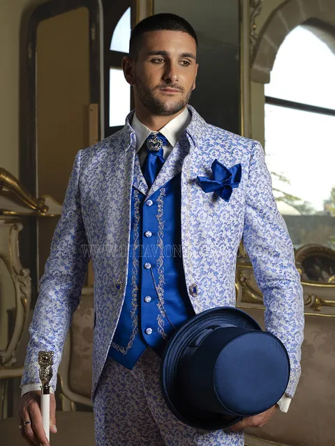 Frock Coat Formal White and Blue with Silver Embroidery