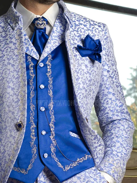 Electric blue satin waistcoat with silver embroidery