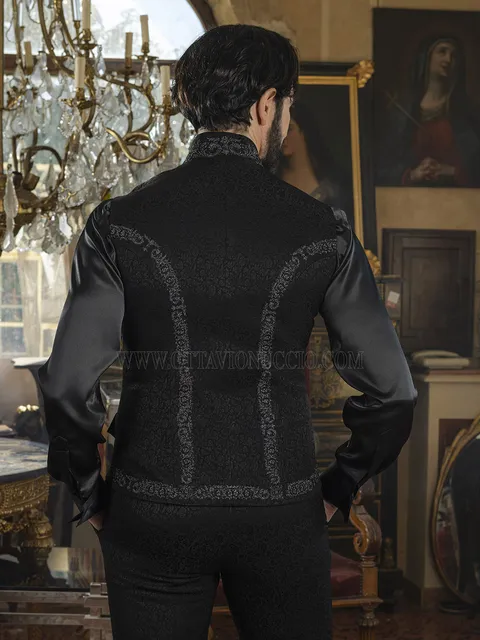 Black jacquard Mandarin collar waistcoat with black-silver embroidery