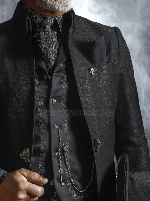 Black satin waistcoat with black-silver front embroidery and black damask contrasts